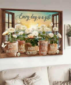 White Chrysanthemums Sunrise Ocean Every Days Is A Gift Canvas Wall Art