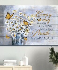 White Daisy Painting Yellow Butterfly Every Day Is A New Beginning Canvas Wall Art