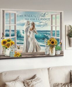 Woman & Jesus Painting Ocean Wave I Will Walk By Faith Canvas Wall Art