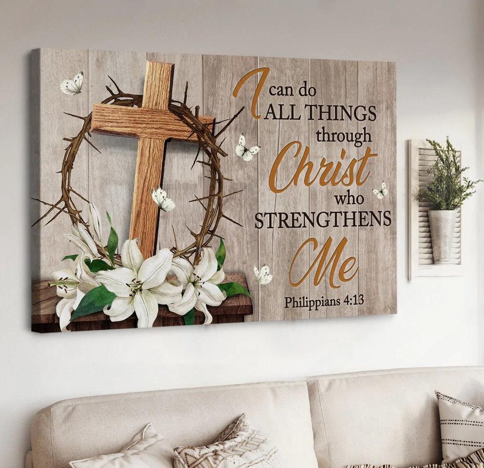 Christian Home Decor, Wooden Cross Thorn Crown Lily Flowers I Can Do All Things Canvas Wall Art ,Christian Canvas Christian Home Decor, Wooden Cross Thorn Crown Lily Flowers I Can Do All Things Canvas Wall Art ,Christian Canvas