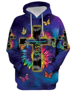 Rainbow Sunflower Butterfly Jesus Cross Hoodie - 3D Printed Hoodie - Christmas Gift